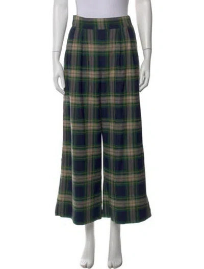 Pre-owned Sézane Plaid Print Wide Leg Pants In Green