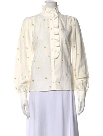 Pre-owned Sézane Printed Long Sleeve Blouse In White