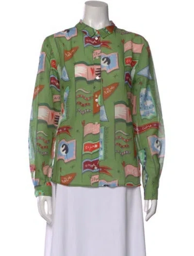 Pre-owned Sézane Printed Long Sleeve Button-up Top In Green