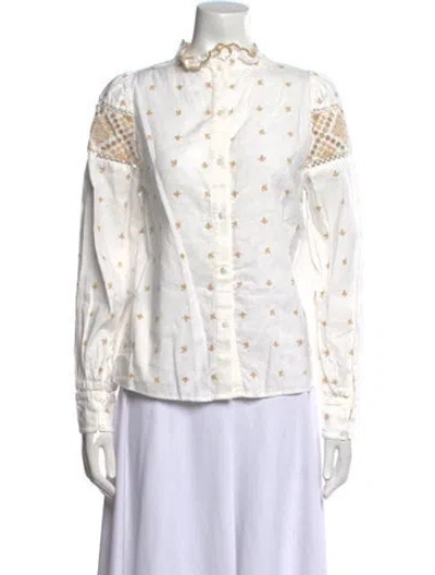 Pre-owned Sézane Printed Mock Neck Button-up Top In White