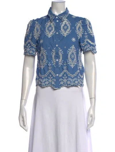 Pre-owned Sézane Printed Short Sleeve Button-up Top In Blue
