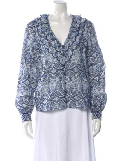Pre-owned Sézane Printed V-neck Blouse In Blue