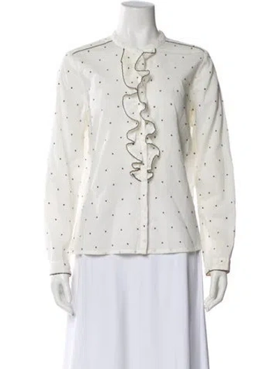 Pre-owned Sézane Printed V-neck Button-up Top In White