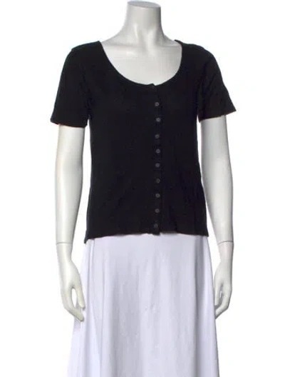 Pre-owned Sézane Scoop Neck Short Sleeve Button-up Top In Black