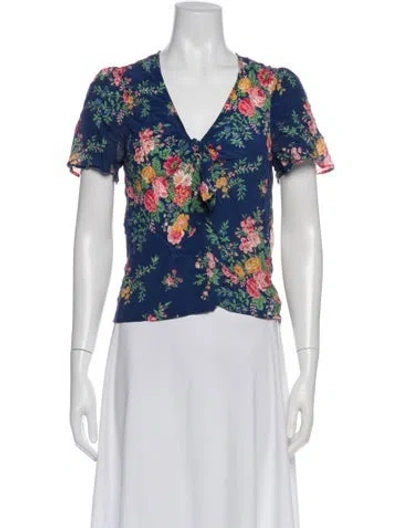 Pre-owned Sézane Silk Floral Print Blouse In Blue