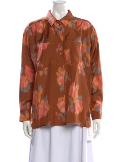 Pre-owned Sézane Silk Floral Print Blouse W/ Tags In Brown