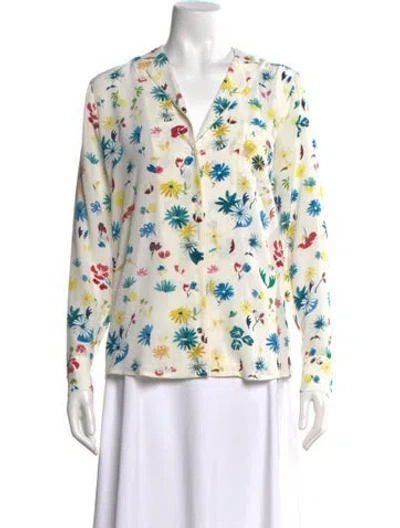 Pre-owned Sézane Silk Floral Print Blouse In White