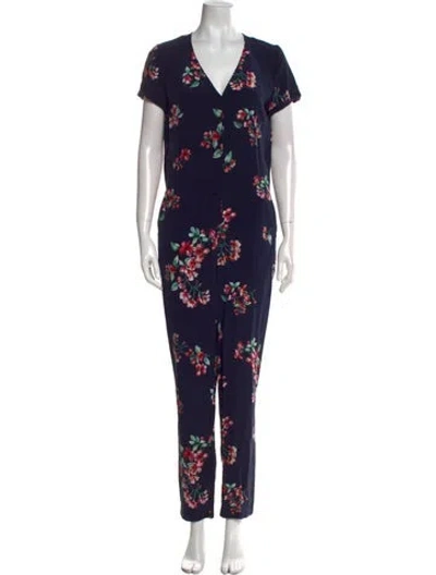 Pre-owned Sézane Silk Floral Print Jumpsuit In Blue