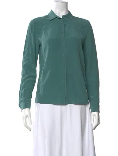Pre-owned Sézane Silk Long Sleeve Button-up Top In Green
