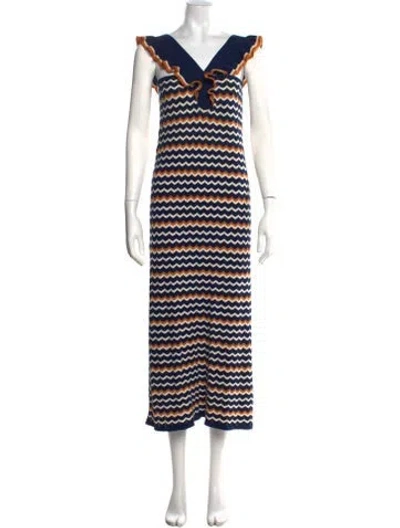 Pre-owned Sézane Striped Long Dress In Blue