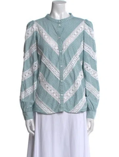 Pre-owned Sézane Striped Mock Neck Button-up Top In Blue