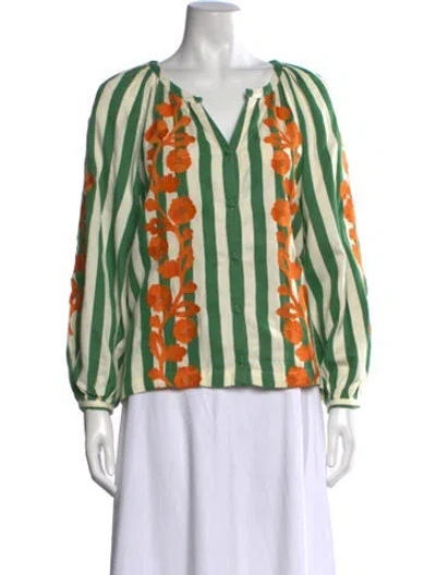 Pre-owned Sézane Striped V-neck Blouse In Green