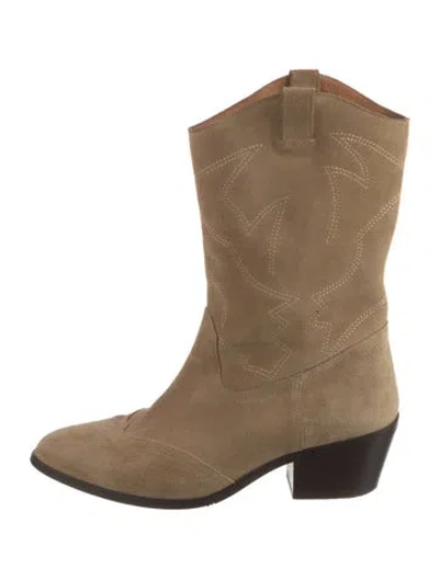 Pre-owned Sézane Suede Embroidered Accent Western Boots In Neutral