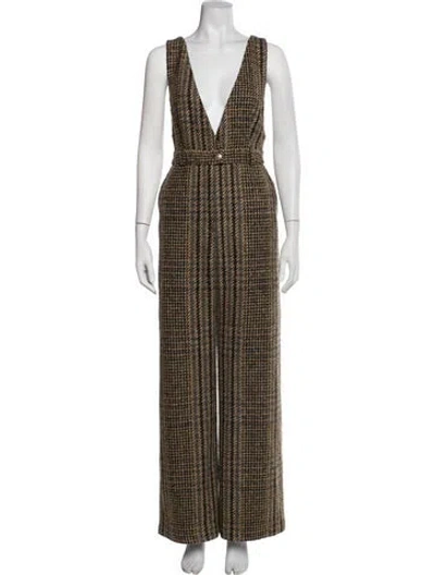Pre-owned Sézane Tweed Pattern V-neck Jumpsuit In Brown