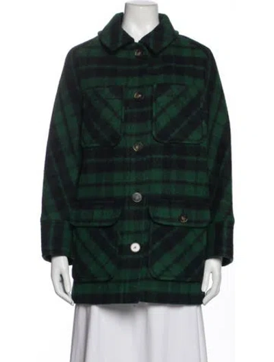 Pre-owned Sézane Virgin Wool Plaid Print Coat In Green