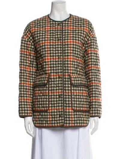 Pre-owned Sézane Virgin Wool Plaid Print Jacket In Green