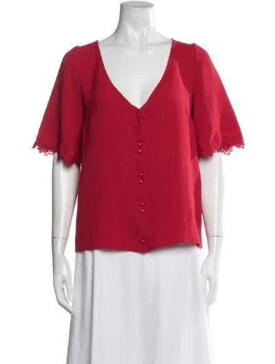 Pre-owned Sézane V-neck Short Sleeve Blouse In Red