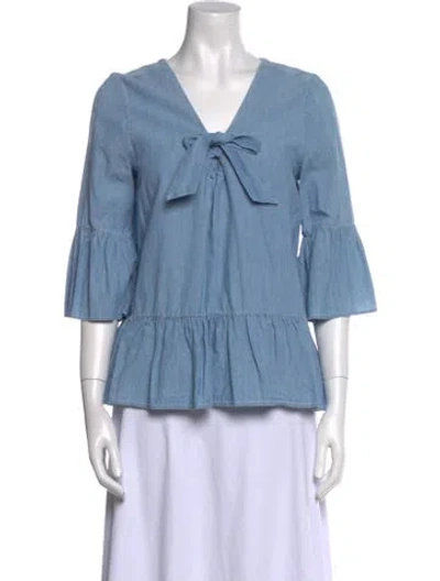 Pre-owned Sézane V-neck Three-quarter Sleeve Blouse In Blue