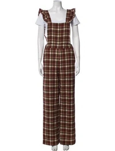 Pre-owned Sézane Wool Plaid Print Jumpsuit In Brown