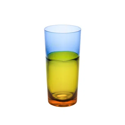 Sghr Sugahara Yellow / Orange Duo Amber/blue Two Tone Fused Glass Vase 11"