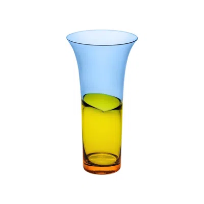 Sghr Sugahara Yellow / Orange Duo Amber/blue Two Tone Fused Glass Vase 12.2"