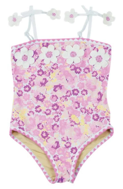 Shade Critters Babies'  Crochet Pom One-piece Swimsuit In Purple Ditsy Floral