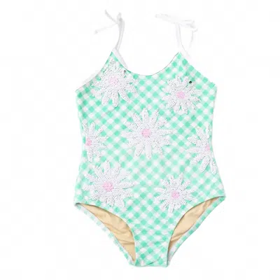 Shade Critters Kids' Girl's Daisy Stripe Sequin One Piece Swimsuit In Green In Multi
