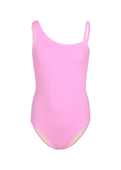 Shade Critters Kids' Girls Crinkle Textured One Shoulder One Piece Pink Swimsuit