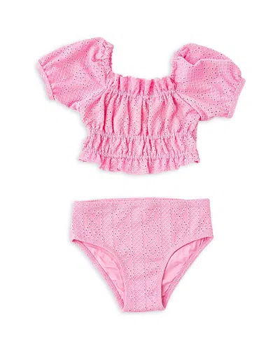 Shade Critters Girls' Smocked Eyelet Two Piece Swimsuit - Little Kid In Pink