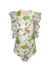 Shade Critters Hibiscus Botanical Pink Girls Tulle Sleeve One Piece Swimsuit In Green