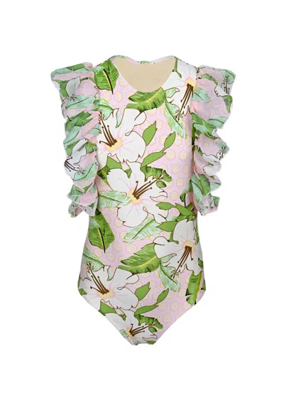 Shade Critters Kids' Hibiscus Botanical Pink Girls Tulle Sleeve One Piece Swimsuit In Green