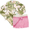 Shade Critters Kids' Blush Tropics One-piece Rashguard Swimsuit & Fringe Cover-up Skirt Set In Pink