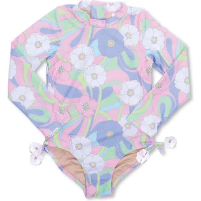 Shade Critters Kids' Groovy Swirl One-piece Rashguard Swimsuit In Pink Multi