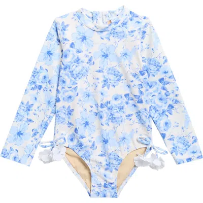 Shade Critters Kids' Hibiscus Rose Long Sleeve One-piece Upf 50+ Rashguard Swimsuit In Blue