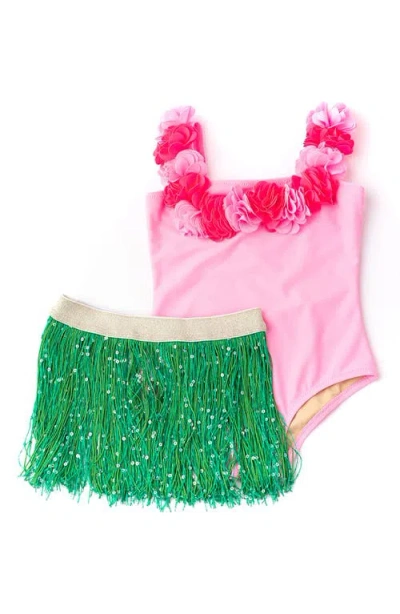 Shade Critters Kids' Rosette One-piece Swimsuit & Sequin Cover-up Skirt Set In Pink