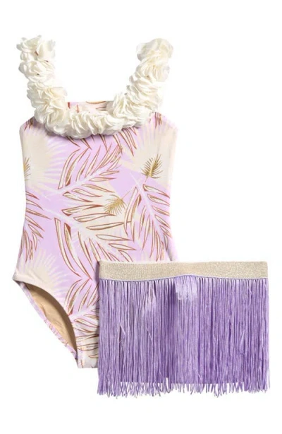 Shade Critters Kids' Rosette One-piece Swimsuit & Sequin Cover-up Skirt Set In Purple