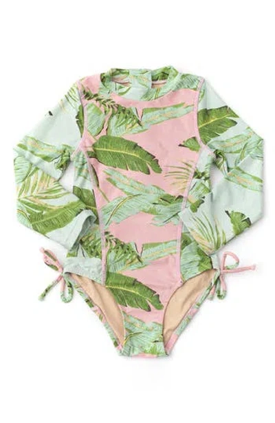 Shade Critters Kids' Shimmer Cabana Palms Long Sleeve One-piece Upf 50+ Rashguard Swimsuit In Multi