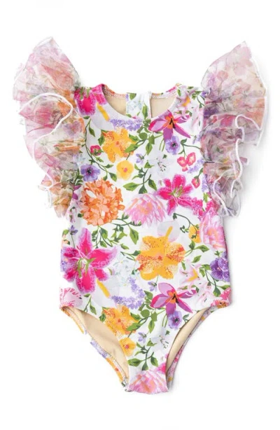 Shade Critters Kids' Summer Gardens Tulle Trim One-piece Swimsuit In Pink Multi