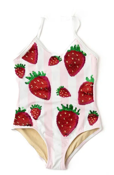 Shade Critters Kids' Summer Strawberry Sequin Stripe Upf 50+ One-piece Swimsuit In Pink