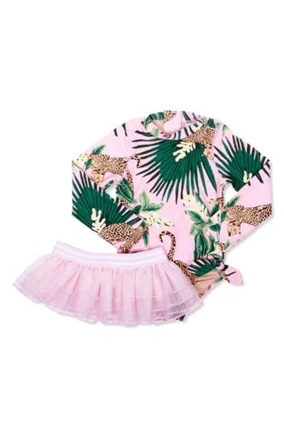 Shade Critters Kids' Tropical Leopard One-piece Upf 50+ Rashguard Swimsuit With Tulle Skirt In Multi