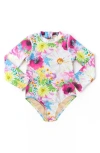 SHADE CRITTERS KIDS' WATERCOLOR FLORAL LONG SLEEVE ONE-PIECE RASHGUARD SWIMSUIT