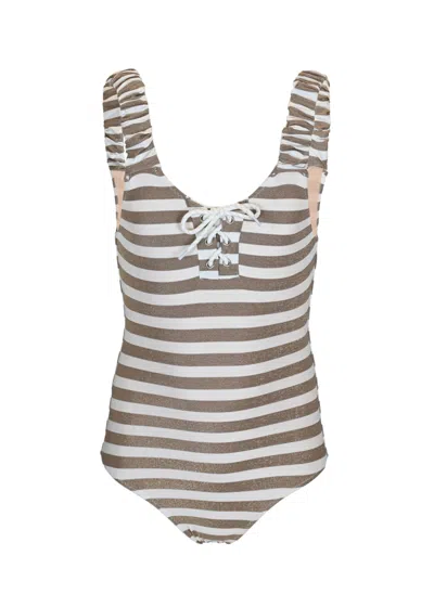 Shade Critters Kids' Neutral Gold Stripe Girls Shimmer Lace Up One Piece Swimsuit In Brown