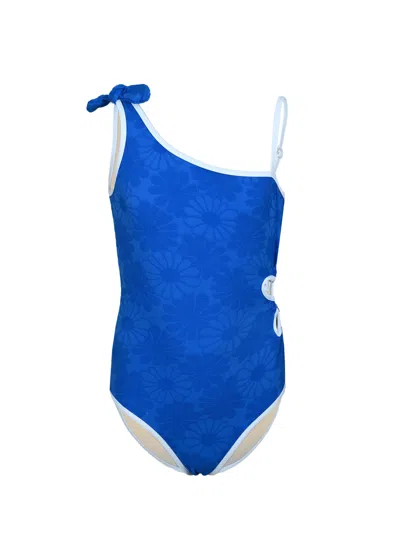 Shade Critters Kids' Royal Blue Floral Girls Textured One Shoulder One Piece