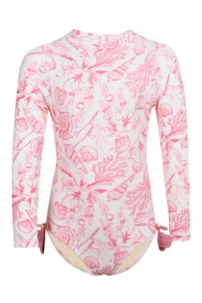 Shade Critters Seaside Toile Girls Long Sleeve One Piece Swimsuit In Pink