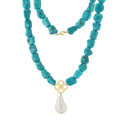 Shaded The Label Women's Blue / Gold Olyssa Turquoise & Pearl Droplet Necklace In Multi
