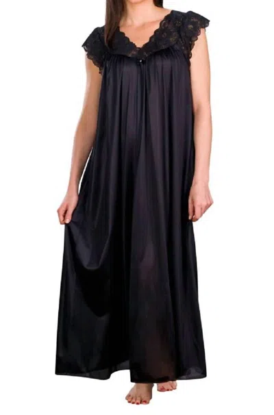 Shadowline Lingerie Long Lace Cap Sleeve Nightgown In Black