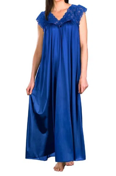 Shadowline Lingerie Long Lace Cap Sleeve Nightgown In Navy In Blue