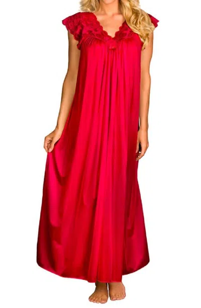 Shadowline Lingerie Long Lace Cap Sleeve Nightgown In Red