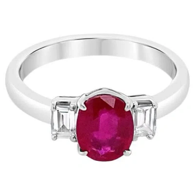 Pre-owned Shaftel Diamond Co. 1.20 Carat Oval Cut Ruby With 0.30ctw In Emerald Cut Diamonds, Platinum In Green