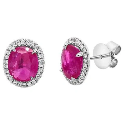 Pre-owned Shaftel Diamond Co. 3.62 Carat Total Weight Oval Burma Ruby With 0.23ctw Diamond Halo Stud Earrings In Multi